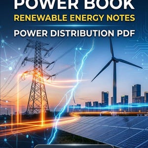 May include: A digital study guide titled ELECTRIC POWER BOOK RENEWABLE ENERGY NOTES POWER DISTRIBUTION PDF and ENGINEERING STUDY GUIDE. The cover features a high-voltage transmission tower, a wind turbine, and solar panels against a city skyline.