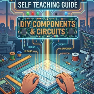 May include: A digital illustration titled Electronics Self Teaching Guide DIY Components & Circuits. The image features a breadboard, electronic components, a multimeter, a microscope, and a computer monitor, with text labels and a PDF instant download icon.