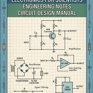 Puede incluir: Un póster titulado Basic Electronics Guide, Electronics for Scientists, Engineering Notes, Circuit Design Manual. Presenta diagramas técnicos de un transistor NPN, un puente de diodos, un amplificador operacional y un temporizador 555 sobre un fondo de cuadrícula.