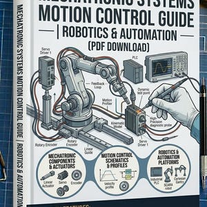 Pode incluir: Capa do livro "MECHATRONIC SYSTEMS MOTION CONTROL GUIDE | ROBOTICS & AUTOMATION (PDF DOWNLOAD)" com diagramas de robótica e automação. A capa apresenta um braço robótico, componentes eletrônicos e texto.