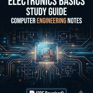 May include: A digital study guide titled ELECTRONICS BASICS STUDY GUIDE COMPUTER ENGINEERING NOTES featuring a central microprocessor icon surrounded by glowing circuit board lines and schematic diagrams on a dark background with a PDF Download button.