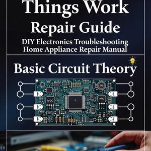 May include: Book cover titled "How Electronic Things Work Repair Guide" with text "DIY Electronics Troubleshooting Home Appliance Repair Manual." Includes a circuit board diagram and the text "Basic Circuit Theory."