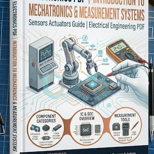 May include: A book cover titled "ELECTRONICS PDF | INTRODUCTION TO MECHATRONICS & MEASUREMENT SYSTEMS". The cover features illustrations of electronic components, including a robotic arm, a multimeter, and a circuit board. Key features are listed.