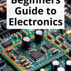 Könnte beinhalten: Nahaufnahme einer grünen Leiterplatte mit dem Text "Beginners Guide to Electronics". Die Platine ist mit verschiedenen elektronischen Bauteilen bestückt, darunter Widerstände, Kondensatoren und integrierte Schaltkreise.