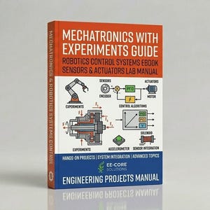 May include: A book titled "Mechatronics with Experiments Guide" is displayed. The cover is orange and white, with illustrations of robotics and engineering components. The book is an engineering projects manual, focusing on robotics control systems, sensors, and actuators.