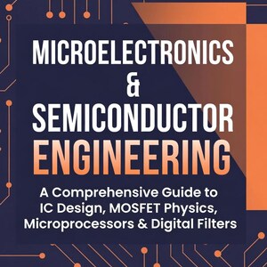 Pode incluir: Uma capa de livro com o título "MICROELECTRONICS & SEMICONDUCTOR ENGINEERING" em texto branco e laranja. A capa também inclui o texto "A Comprehensive Guide to IC Design, MOSFET Physics, Microprocessors & Digital Filters" e um botão "DOWNLOAD NOW PDF".