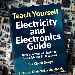 Puede incluir: Un libro titulado "Teach Yourself Electricity and Electronics Guide" con una cubierta azul oscuro, sobre un fondo de placas de circuitos electrónicos. El título del libro está en texto grande amarillo y blanco. El libro es una guía para aficionados y profesionales.