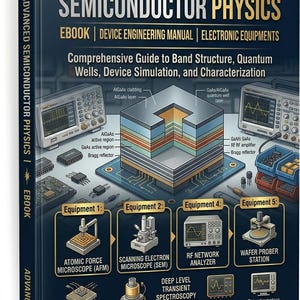 Könnte beinhalten: Buchcover "Fortgeschrittene Halbleiterphysik" mit Diagrammen elektronischer Geräte. Der Text "E-Book | Gerätebau-Handbuch | Elektronische Geräte" ist enthalten, ein Leitfaden für Designer und Ingenieure.