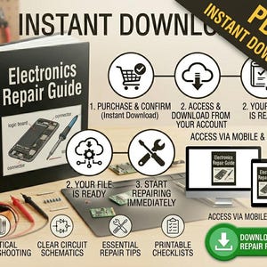 以下が含まれることがあります： 「Electronics Repair Guide」と題された電子機器修理ガイドが表示されています。画像には、PDFのダウンロードプロセス、実用的なトラブルシューティング、明確な回路図、および重要な修理のヒントが含まれています。モバイルとデスクトップからアクセスできます。