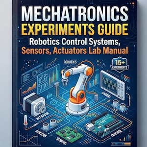 以下が含まれることがあります： 「MECHATRONICS EXPERIMENTS GUIDE」というタイトルの本の表紙で、青とオレンジのロボットアームのイラストが描かれています。表紙には、センサー、アクチュエーター、制御システムの図も表示され、「Robotics Control Systems, Sensors, Actuators Lab Manual」というテキストが表示されています。