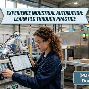May include: A digital educational guide titled EXPERIENCE INDUSTRIAL AUTOMATION: LEARN PLC THROUGH PRACTICE, featuring a PDF instant download icon. The visual shows a technician operating a PLC control panel with a tablet in a factory setting.