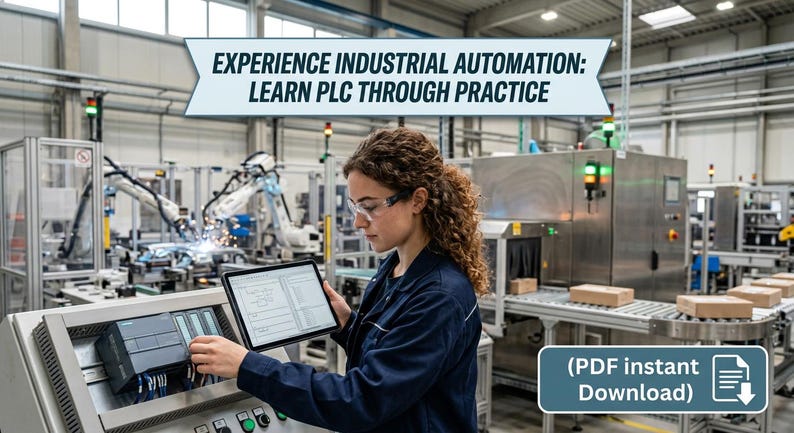 May include: A digital educational guide titled EXPERIENCE INDUSTRIAL AUTOMATION: LEARN PLC THROUGH PRACTICE, featuring a PDF instant download icon. The visual shows a technician operating a PLC control panel with a tablet in a factory setting.