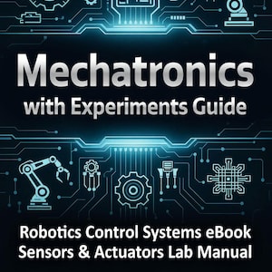 May include: A dark blue ebook cover with the title "Mechatronics with Experiments Guide" in large, silver text. The cover features circuit board-style graphics and the text "Robotics Control Systems eBook Sensors & Actuators Lab Manual Engineering Projects PDF Download."