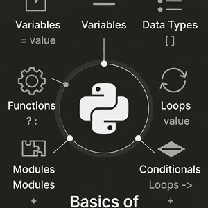 Może przedstawiać: Ciemnoszary wykres z białym tekstem i ikonami ilustrującymi podstawy programowania w języku Python. Centralne logo Pythona otoczone jest etykietami dla Zmiennych, Typ&oacute;w danych, Funkcji, Pętli, Moduł&oacute;w i Warunk&oacute;w.