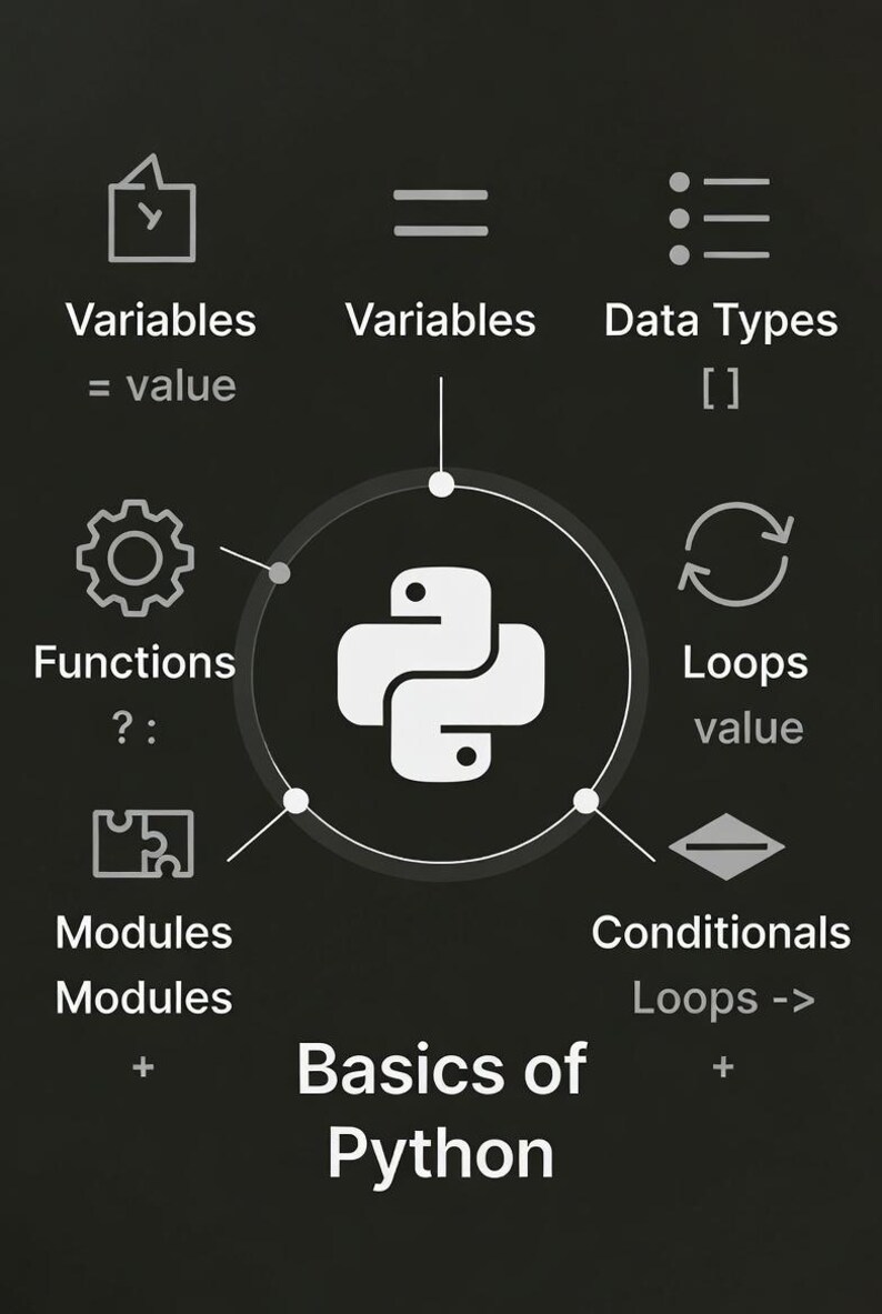 Może przedstawiać: Ciemnoszary wykres z białym tekstem i ikonami ilustrującymi podstawy programowania w języku Python. Centralne logo Pythona otoczone jest etykietami dla Zmiennych, Typ&oacute;w danych, Funkcji, Pętli, Moduł&oacute;w i Warunk&oacute;w.