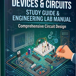 May include: A dark blue textbook titled Electronic Devices & Circuits Study Guide & Engineering Lab Manual Comprehensive Circuit Design, featuring an illustration of a circuit board, breadboard, oscilloscope, and multimeter on the cover.
