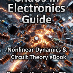 May include: Book cover titled "Chaos in Electronics Guide" with text "Nonlinear Dynamics & Circuit Theory eBook" and "Chaos-Based Cryptography PDF". The image shows a complex arrangement of electronic components with a glowing effect.