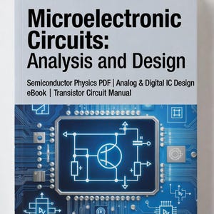 May include: A textbook titled "Microelectronic Circuits: Analysis and Design" with a blue circuit board design. The cover includes the text "Semiconductor Physics PDF | Analog & Digital IC Design eBook | Transistor Circuit Manual."