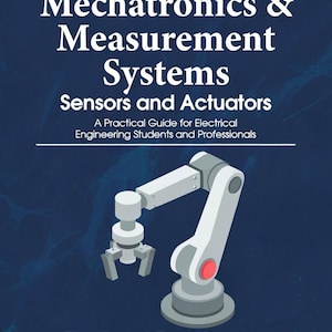 May include: A book cover with the title "Introduction to Mechatronics & Measurement Systems." It features a robotic arm illustration in white and gray, with red accents, against a dark blue background. The text includes "Sensors and Actuators" and "Electrical Engineering Robotics Design Handbook."