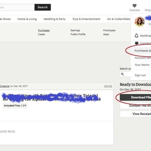 Puede incluir: Captura de pantalla de una p&aacute;gina de compras de Etsy. La p&aacute;gina muestra una descarga digital con un bot&oacute;n para descargar archivos. El men&uacute; de perfil del usuario est&aacute; abierto, resaltando "Compras y rese&ntilde;as".
