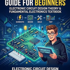 Puede incluir: Portada de descarga digital para "Guía de electrónica básica para principiantes". La imagen presenta un diseño de placa de circuito con componentes, una persona sonriente sosteniendo una tableta y el texto "Teoría y libro de texto de diseño de circuitos electrónicos".