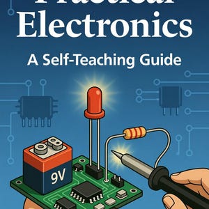 Op de afbeelding: Illustratie van een boekomslag met de titel "Practical Electronics: A Self-Teaching Guide". De afbeelding toont elektronische componenten, waaronder een 9V-batterij, een printplaat en een soldeerbout, wat duidt op een leermiddel.