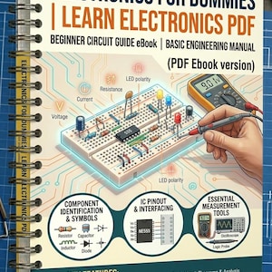 May include: Spiral-bound book titled "ELECTRONICS FOR DUMMIES | LEARN ELECTRONICS PDF". The cover features a circuit board diagram with components, a multimeter, and text including "Beginner Circuit Guide eBook". Includes component identification and measurement tools.