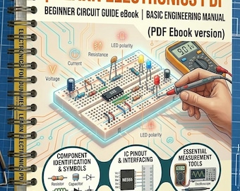 Op de afbeelding: Spiraalgebonden boek met de titel "ELECTRONICS FOR DUMMIES | LEARN ELECTRONICS PDF". De omslag toont een printplaatdiagram met componenten, een multimeter en tekst, waaronder "Beginner Circuit Guide eBook". Inclusief componentidentificatie en meetinstrumenten.