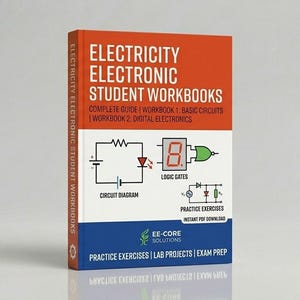 Könnte beinhalten: Ein Lehrbuch mit dem Titel "Electricity Electronic Student Workbooks" mit einem orange-weißen Einband. Der Einband zeigt Schaltpläne und den Text "Complete Guide | Workbook 1: Basic Circuits | Workbook 2: Digital Electronics."