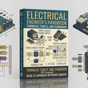 Puede incluir: Un libro ilustrado titulado "Electrical Engineer's Handbook" con fórmulas, tablas y estándares. La portada presenta diagramas de circuitos y componentes. También hay diagramas adicionales de circuitos y microchips.