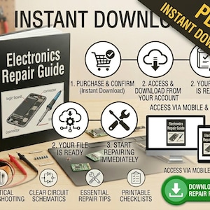 Pode incluir: Um guia de reparo eletr&ocirc;nico com o t&iacute;tulo "Electronics Repair Guide" &eacute; exibido. A imagem detalha o processo de download, incluindo solu&ccedil;&atilde;o de problemas pr&aacute;ticos, esquemas de circuitos claros e dicas de reparo essenciais. Acess&iacute;vel em dispositivos m&oacute;veis e desktop.