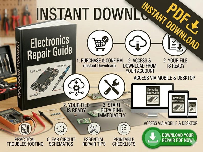 Pode incluir: Um guia de reparo eletr&ocirc;nico com o t&iacute;tulo "Electronics Repair Guide" &eacute; exibido. A imagem detalha o processo de download, incluindo solu&ccedil;&atilde;o de problemas pr&aacute;ticos, esquemas de circuitos claros e dicas de reparo essenciais. Acess&iacute;vel em dispositivos m&oacute;veis e desktop.