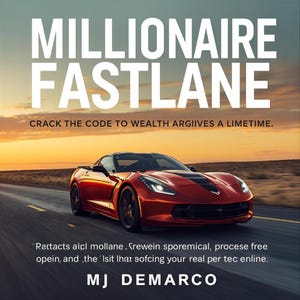 May include: A book cover with the title "MILLIONAIRE FASTLANE" in large white letters. Below the title is the text "CRACK THE CODE TO WEALTH ARGIIVES A LIMETIME." A red sports car is driving on a highway. The author's name, MJ DEMARCO, is at the bottom.