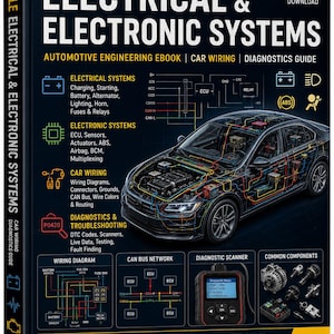 Könnte beinhalten: Buchcover "Automobile Electrical & Electronic Systems" mit einem Diagramm des elektrischen Systems eines Autos. Das Cover enthält Abschnitte zu elektrischen Systemen, Autokabeln und Diagnostik. Es ist ein digitaler Download.
