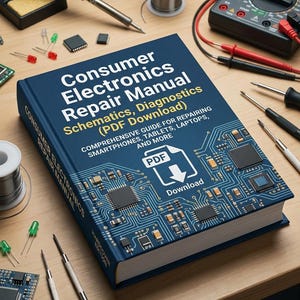 May include: A dark blue hardcover book titled Consumer Electronics Repair Manual with a circuit board graphic on the cover. The text includes Schematics, Diagnostics (PDF Download) and a PDF download icon, surrounded by various electronic repair tools.