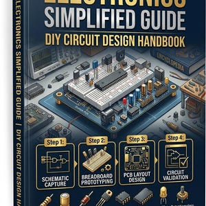 May include: A book cover titled "Electronics Simplified Guide" with "DIY Circuit Design Handbook." The cover features a circuit board design, diagrams, and components. It includes steps for schematic capture, breadboard prototyping, PCB layout design, and circuit validation.