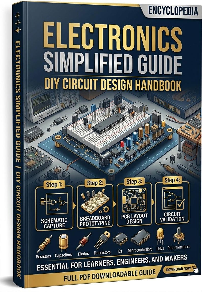 K&ouml;nnte beinhalten: Buchcover "Electronics Simplified Guide" mit "DIY Circuit Design Handbook". Das Cover zeigt ein Leiterplattendesign, Diagramme und Komponenten. Es enth&auml;lt Schritte f&uuml;r die schematische Erfassung, das Breadboard-Prototyping, das PCB-Layout-Design und die Schaltungsvalidierung.