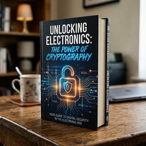 Op de afbeelding: Een boek getiteld "Unlocking Electronics: The Power of Cryptography" staat op een houten tafel. De omslag toont een gloeiend hangslotontwerp met printplaat elementen. De rug leest "Unlocking Electronics" en de naam van de auteur.