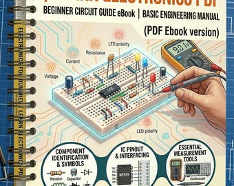 May include: Spiral-bound book titled "ELECTRONICS FOR DUMMIES | LEARN ELECTRONICS PDF". The cover features a circuit board diagram with components, a multimeter, and text including "Beginner Circuit Guide eBook". Includes component identification and measurement tools.