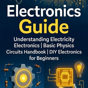 May include: A book cover titled "Electronics Guide" with the subtitle "Understanding Electricity Electronics | Basic Physics Circuits Handbook | DIY Electronics for Beginners." The cover features illustrations of electronic components and circuits.