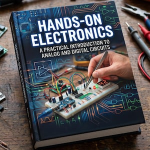 Pode incluir: Um livro de capa dura intitulado Hands-On Electronics: A Practical Introduction to Analog and Digital Circuits. A capa apresenta um fundo azul escuro com padrões de circuitos brilhantes e uma placa de ensaio com componentes.