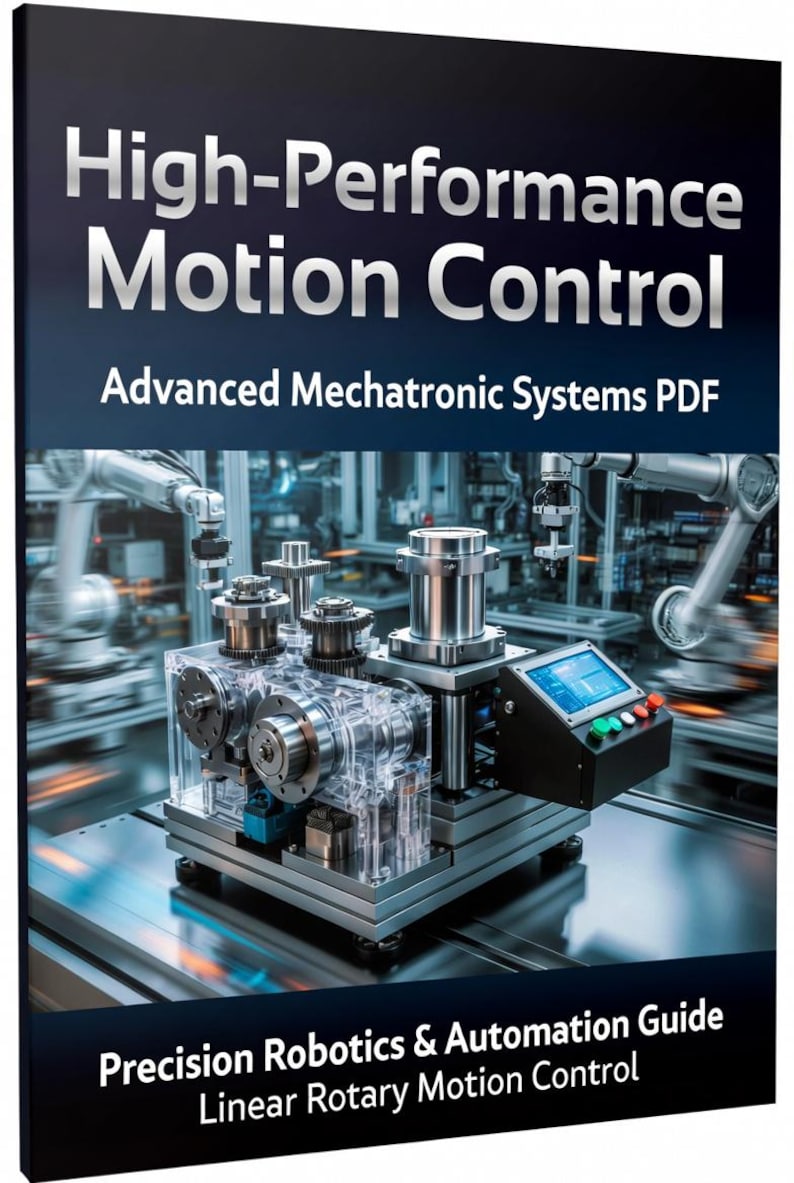 Op de afbeelding: Boekomslag met de titel "High-Performance Motion Control" en de ondertitel "Advanced Mechatronic Systems PDF". De afbeelding toont een gedetailleerd beeld van een complex mechanisch systeem met robotarmen op de achtergrond. De onderste tekst luidt "Precision Robotics & Automation Guide Linear Rotary Motion Control."