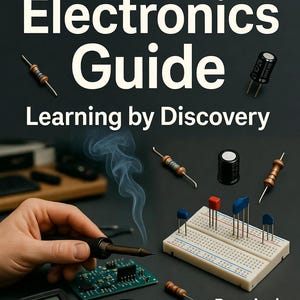 Peut inclure: Couverture d'un guide d'électronique avec le titre "Electronics Guide" et le sous-titre "Learning by Discovery". L'image présente des composants électroniques, une plaque d'essai et un fer à souder. Le texte "Practical Hands-on Electronics eBook" est également visible.