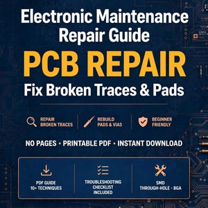 May include: A digital guide titled Electronic Maintenance Repair Guide PCB REPAIR Fix Broken Traces & Pads. The dark blue background features circuit board graphics with yellow text detailing repair techniques, troubleshooting checklists, and methods for SMD, through-hole, and BGA components.