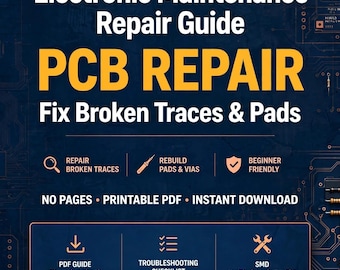 May include: A digital guide titled Electronic Maintenance Repair Guide PCB REPAIR Fix Broken Traces & Pads. The dark blue background features circuit board graphics with yellow text detailing repair techniques, troubleshooting checklists, and methods for SMD, through-hole, and BGA components.