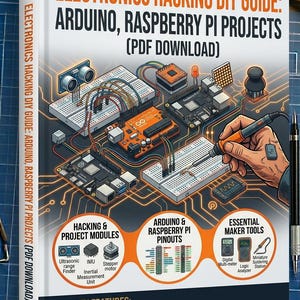 May include: A book cover titled "Electronics Hacking DIY Guide: Arduino, Raspberry Pi Projects (PDF Download)". The cover features circuit board diagrams, electronic components, and text highlighting key features like practical projects and debugging techniques.