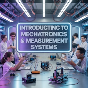 May include: A lab setting with a sign that reads "Introducing to Mechatronics & Measurement Systems." Students in lab coats work with electronic equipment, including circuit boards, computers, and small devices. The scene is brightly lit with a futuristic aesthetic.