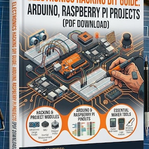 Könnte beinhalten: Buchcover mit dem Titel "Electronics Hacking DIY Guide: Arduino, Raspberry Pi Projects (PDF Download)". Das Cover zeigt Schaltpläne, elektronische Bauteile und Text, der wichtige Funktionen hervorhebt.