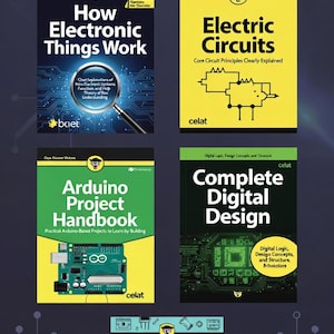 Könnte beinhalten: Eine Sammlung von Elektronikbüchern, darunter "How Electronic Things Work", "Electric Circuits", "Arduino Project Handbook", "Complete Digital Design" und "Electronics All-in-One for Dummies". Die Bücher haben farbenfrohe Umschläge und verschiedene Logos.