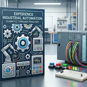 Könnte beinhalten: Ein dunkelblaues Buch mit dem Titel EXPERIENCE INDUSTRIAL AUTOMATION LEARN PLC THROUGH PRACTICE mit Zahnrad- und Roboterarmgrafiken, neben einer SPS-Steuerung, einem Breadboard mit bunten LEDs, drei Tastern und einem Multimeter.